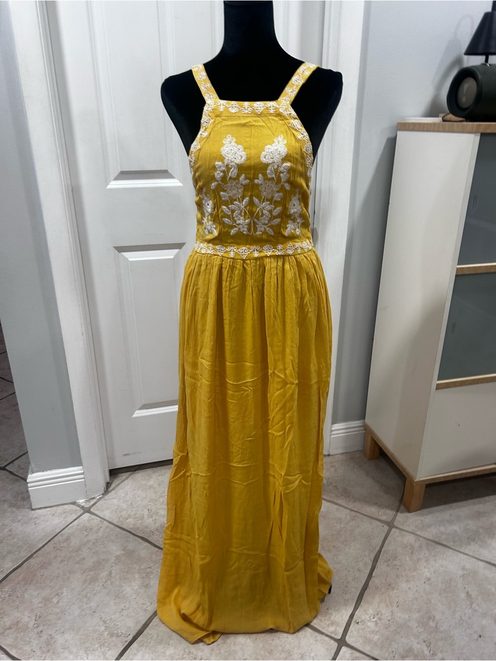 En Creme Mustard Yellow Embroidered Maxi Dress